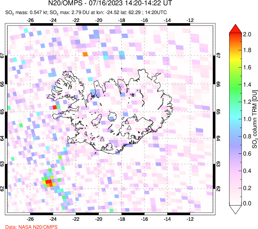 A sulfur dioxide image over Iceland on Jul 16, 2023.