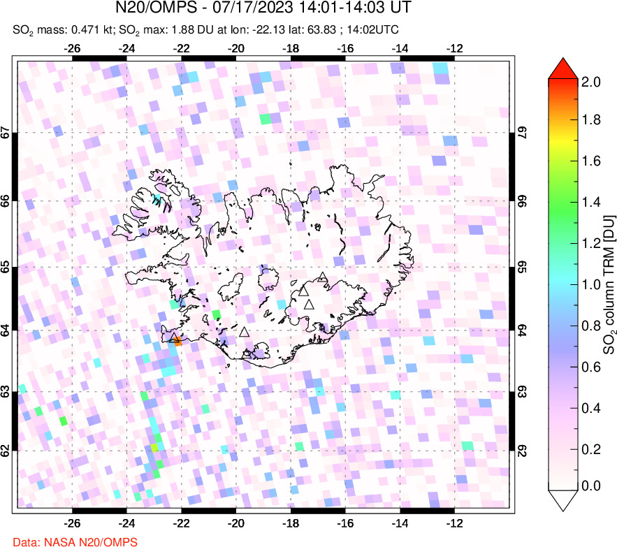 A sulfur dioxide image over Iceland on Jul 17, 2023.