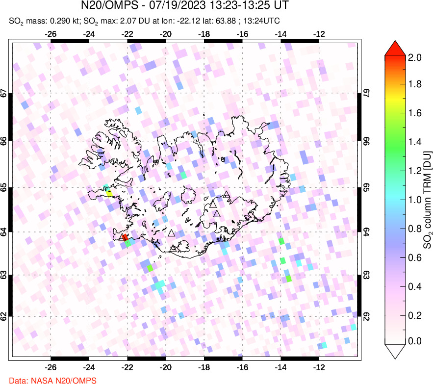 A sulfur dioxide image over Iceland on Jul 19, 2023.