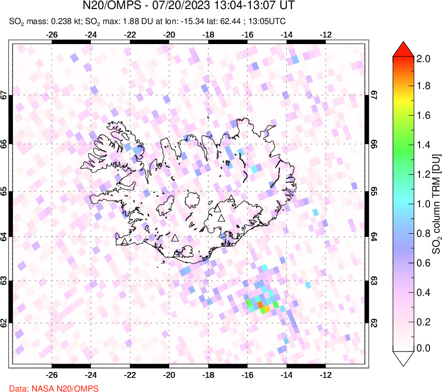 A sulfur dioxide image over Iceland on Jul 20, 2023.