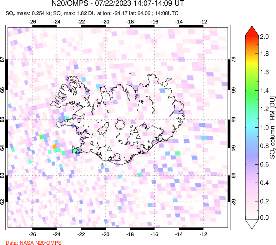 A sulfur dioxide image over Iceland on Jul 22, 2023.