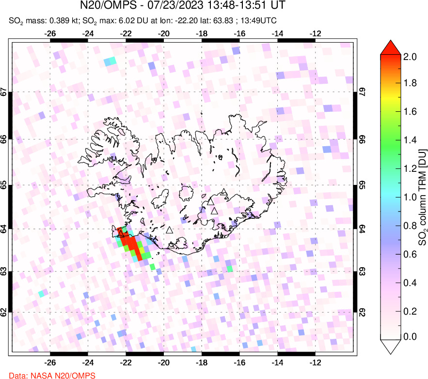 A sulfur dioxide image over Iceland on Jul 23, 2023.