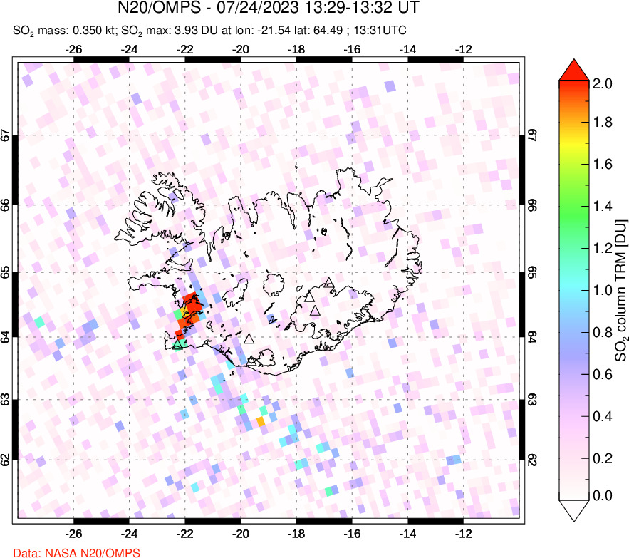 A sulfur dioxide image over Iceland on Jul 24, 2023.