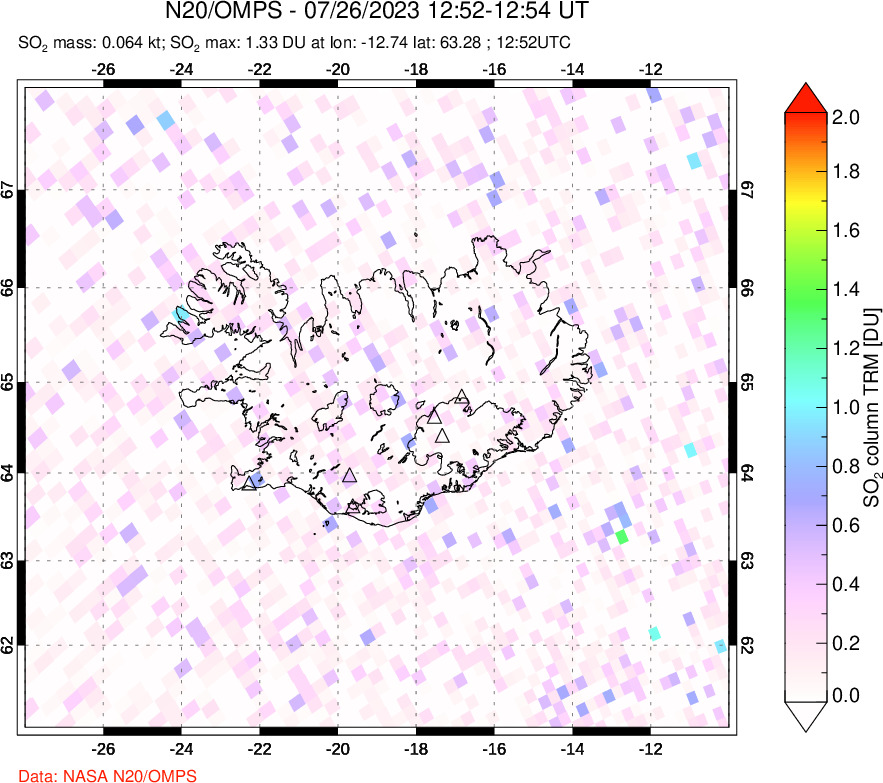 A sulfur dioxide image over Iceland on Jul 26, 2023.