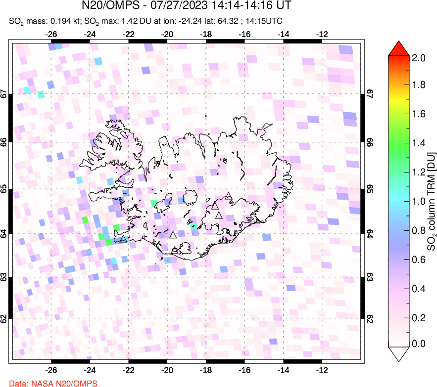 A sulfur dioxide image over Iceland on Jul 27, 2023.