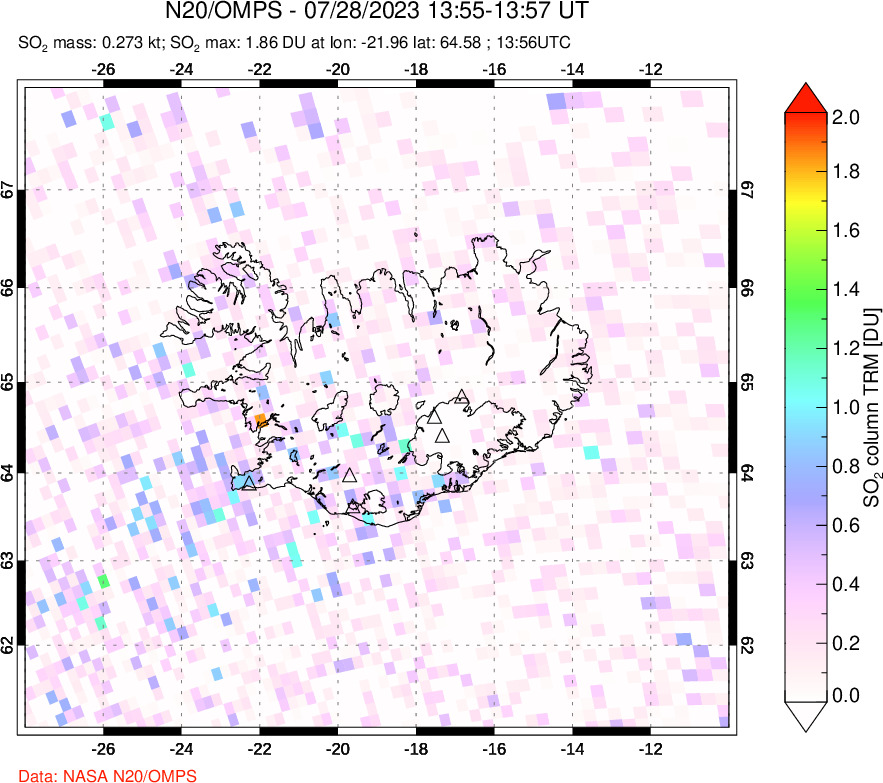 A sulfur dioxide image over Iceland on Jul 28, 2023.