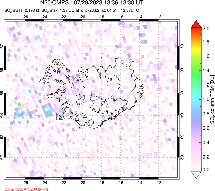 A sulfur dioxide image over Iceland on Jul 29, 2023.