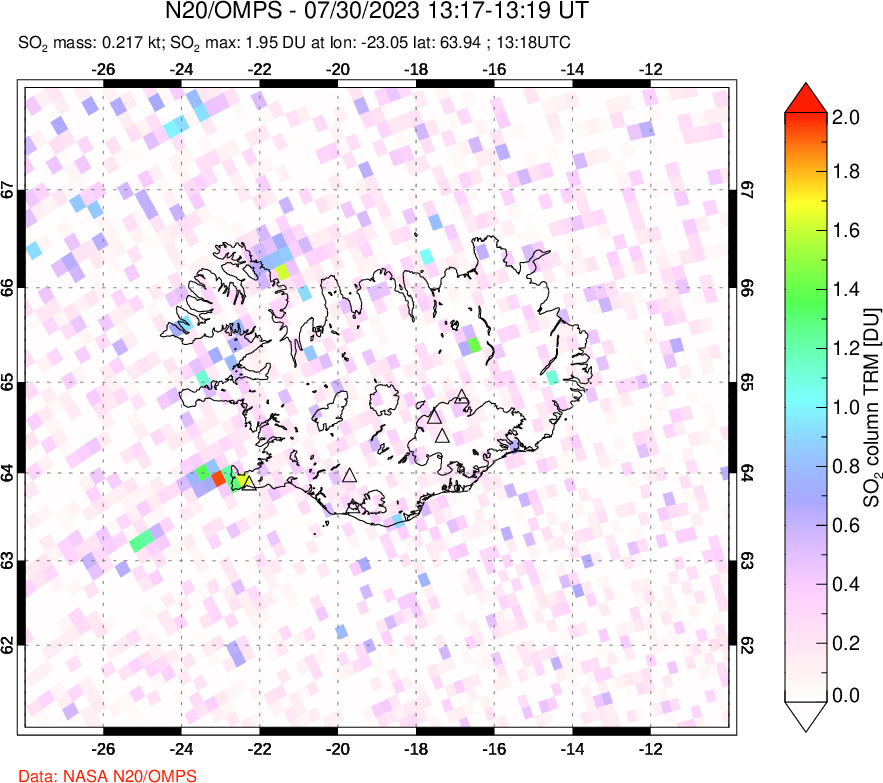 A sulfur dioxide image over Iceland on Jul 30, 2023.