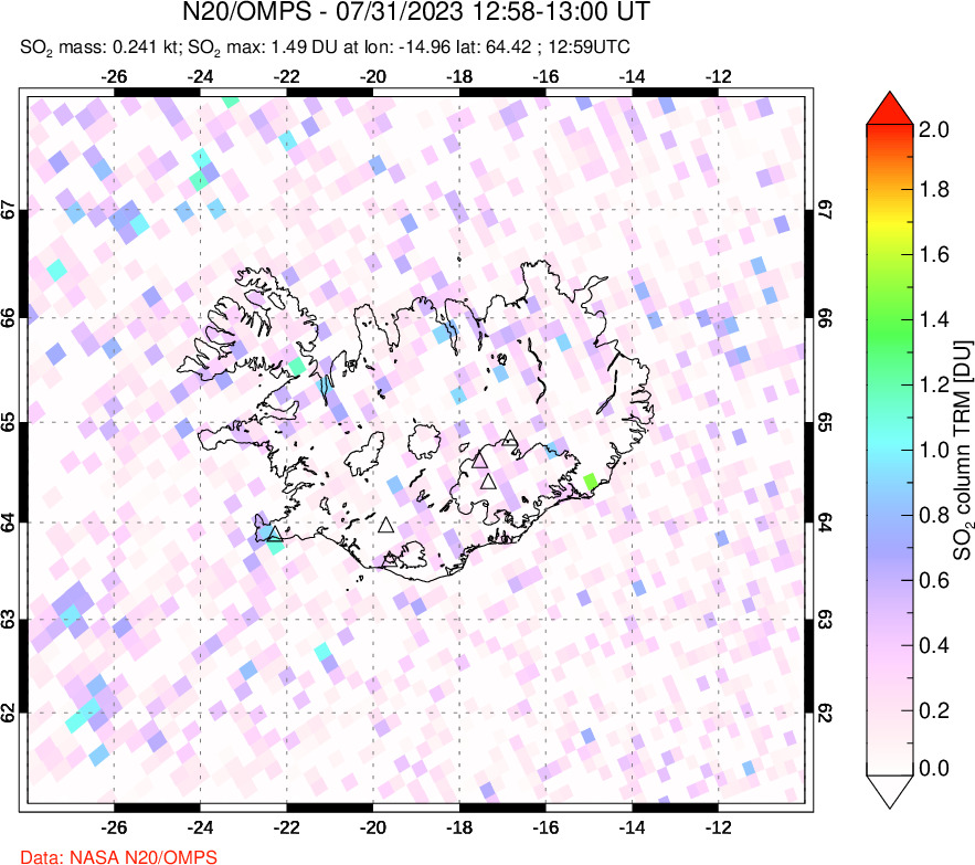 A sulfur dioxide image over Iceland on Jul 31, 2023.