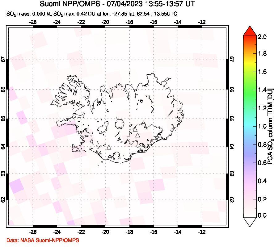 A sulfur dioxide image over Iceland on Jul 04, 2023.