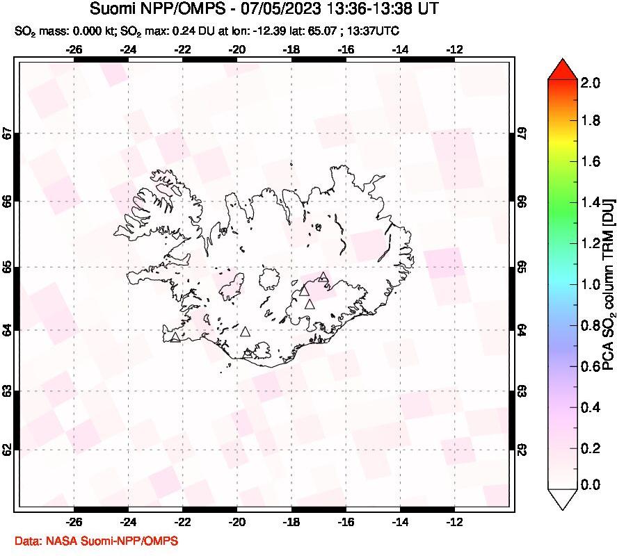 A sulfur dioxide image over Iceland on Jul 05, 2023.