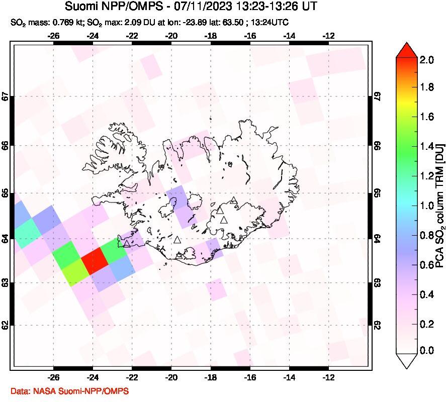 A sulfur dioxide image over Iceland on Jul 11, 2023.