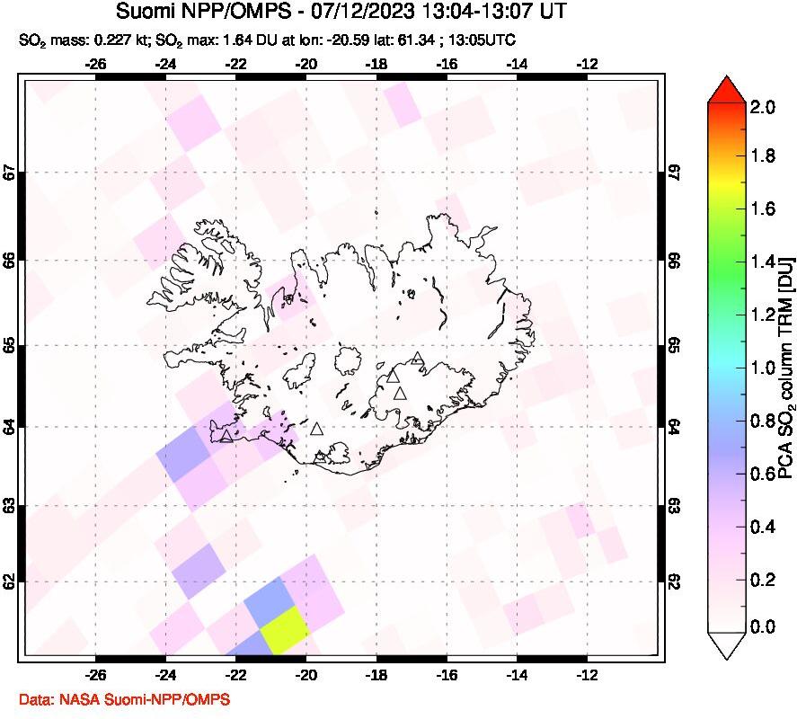 A sulfur dioxide image over Iceland on Jul 12, 2023.