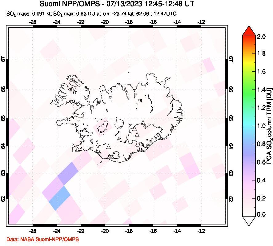 A sulfur dioxide image over Iceland on Jul 13, 2023.
