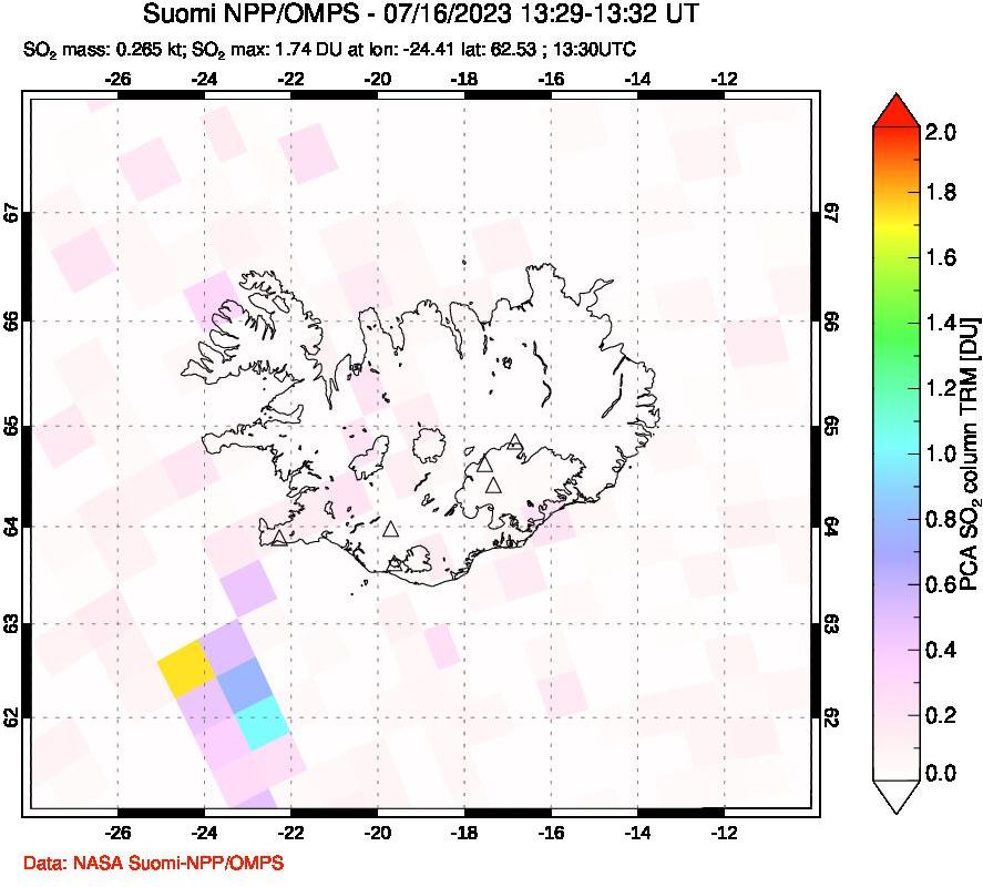 A sulfur dioxide image over Iceland on Jul 16, 2023.