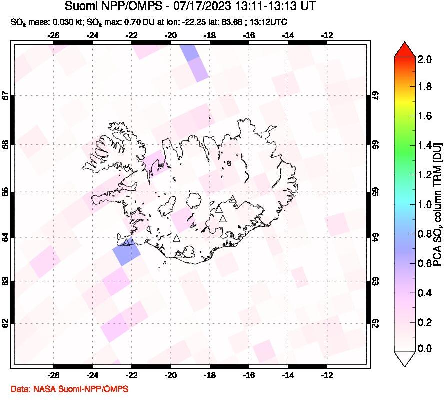 A sulfur dioxide image over Iceland on Jul 17, 2023.