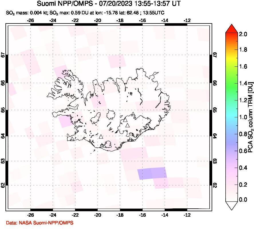 A sulfur dioxide image over Iceland on Jul 20, 2023.