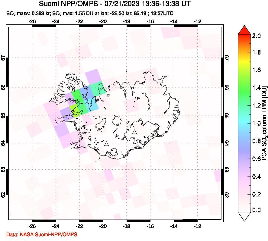 A sulfur dioxide image over Iceland on Jul 21, 2023.
