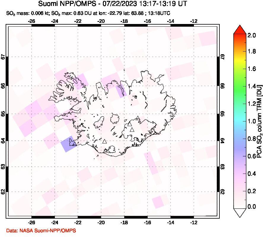 A sulfur dioxide image over Iceland on Jul 22, 2023.