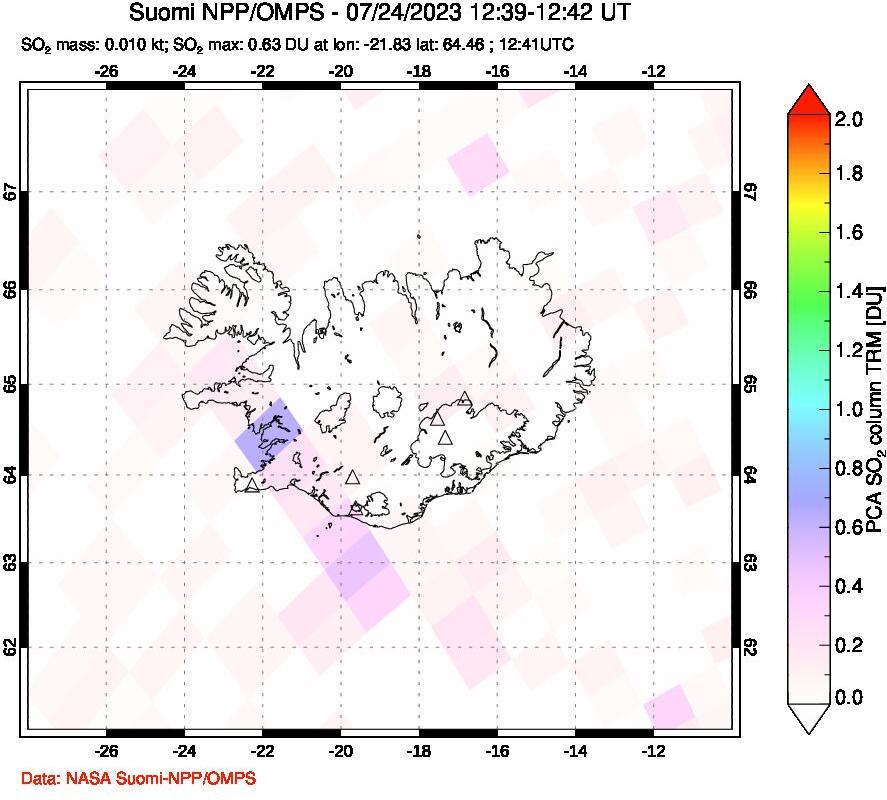 A sulfur dioxide image over Iceland on Jul 24, 2023.