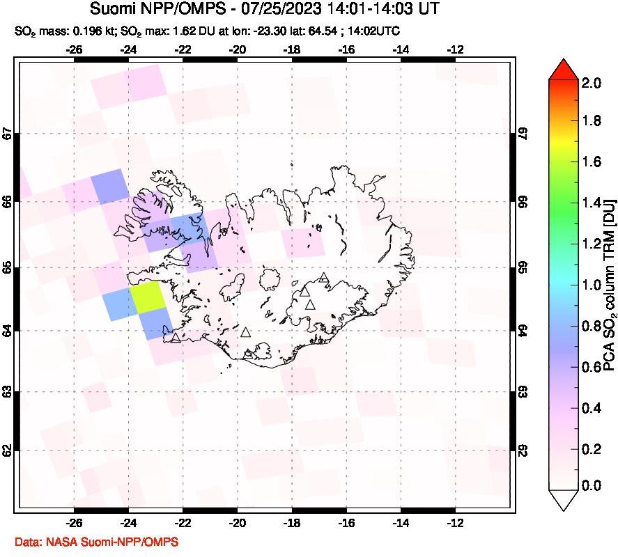 A sulfur dioxide image over Iceland on Jul 25, 2023.