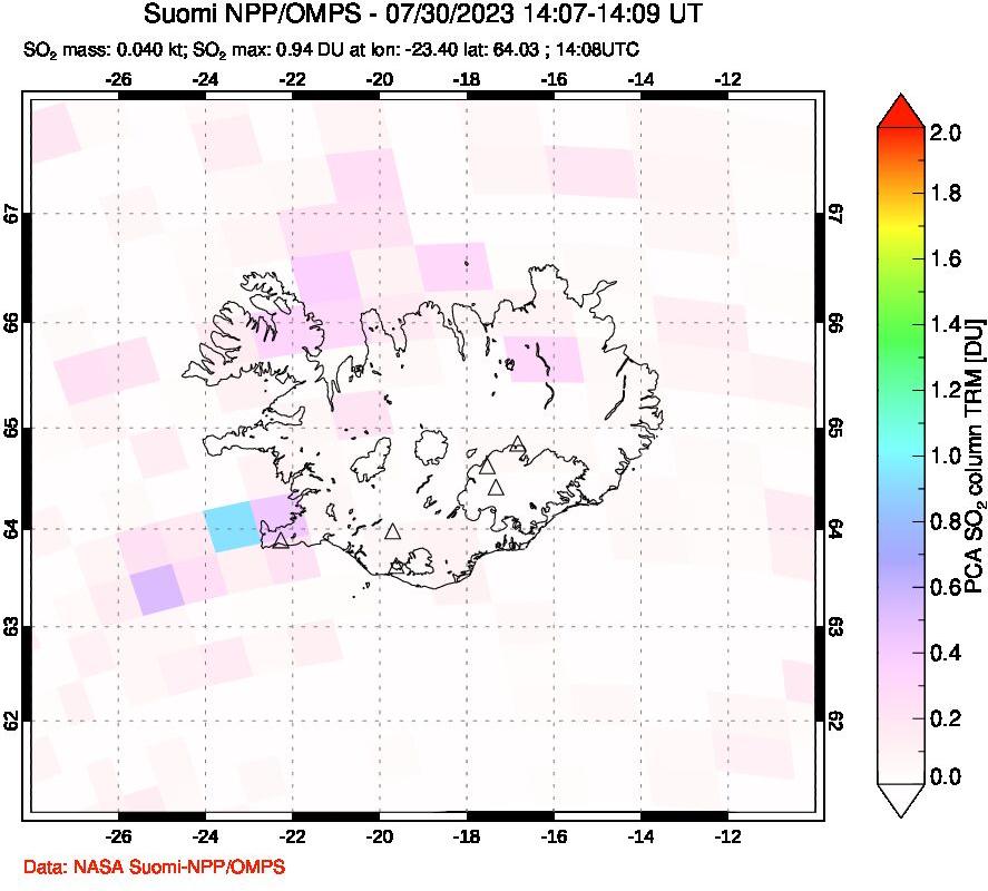 A sulfur dioxide image over Iceland on Jul 30, 2023.