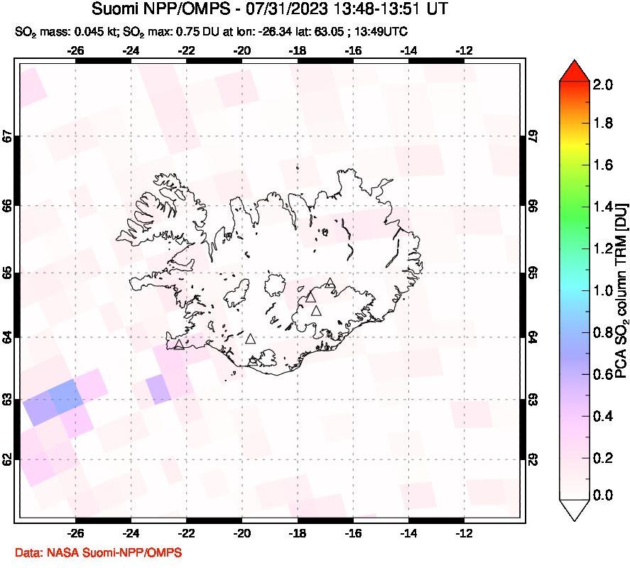 A sulfur dioxide image over Iceland on Jul 31, 2023.