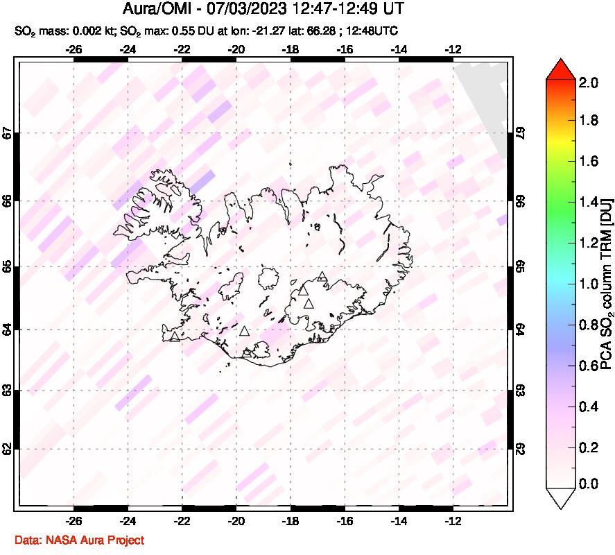 A sulfur dioxide image over Iceland on Jul 03, 2023.