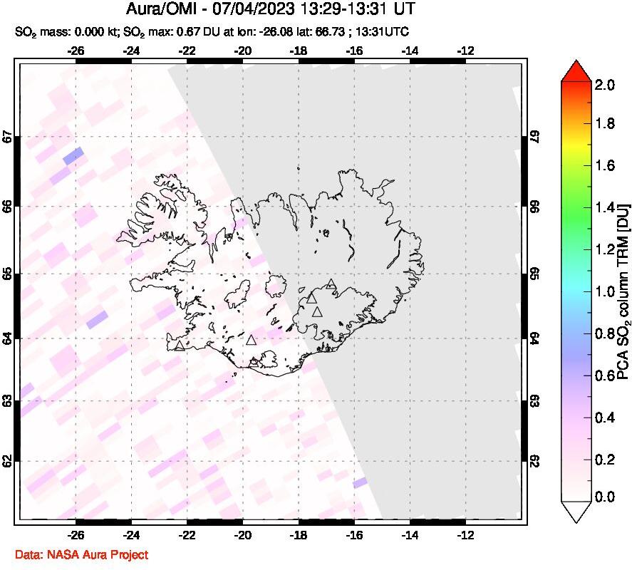 A sulfur dioxide image over Iceland on Jul 04, 2023.