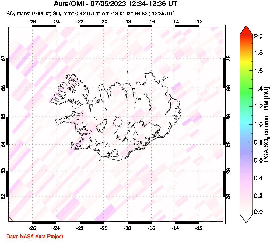 A sulfur dioxide image over Iceland on Jul 05, 2023.