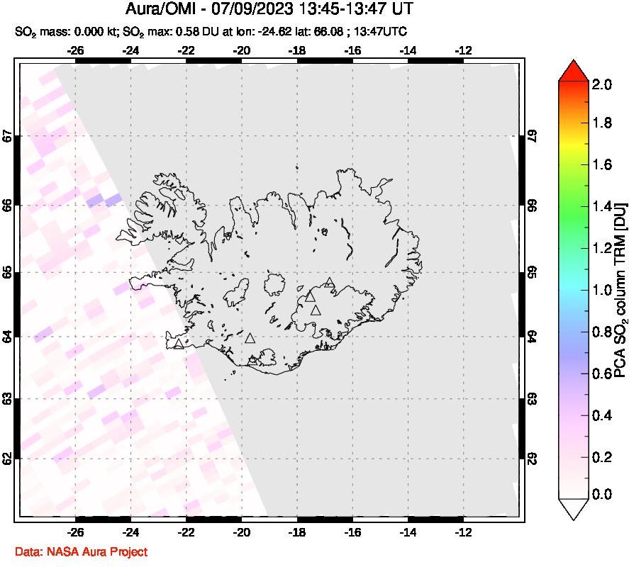 A sulfur dioxide image over Iceland on Jul 09, 2023.