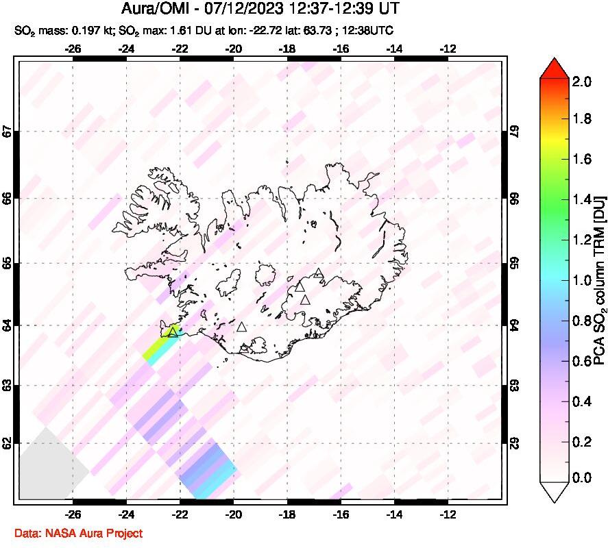A sulfur dioxide image over Iceland on Jul 12, 2023.
