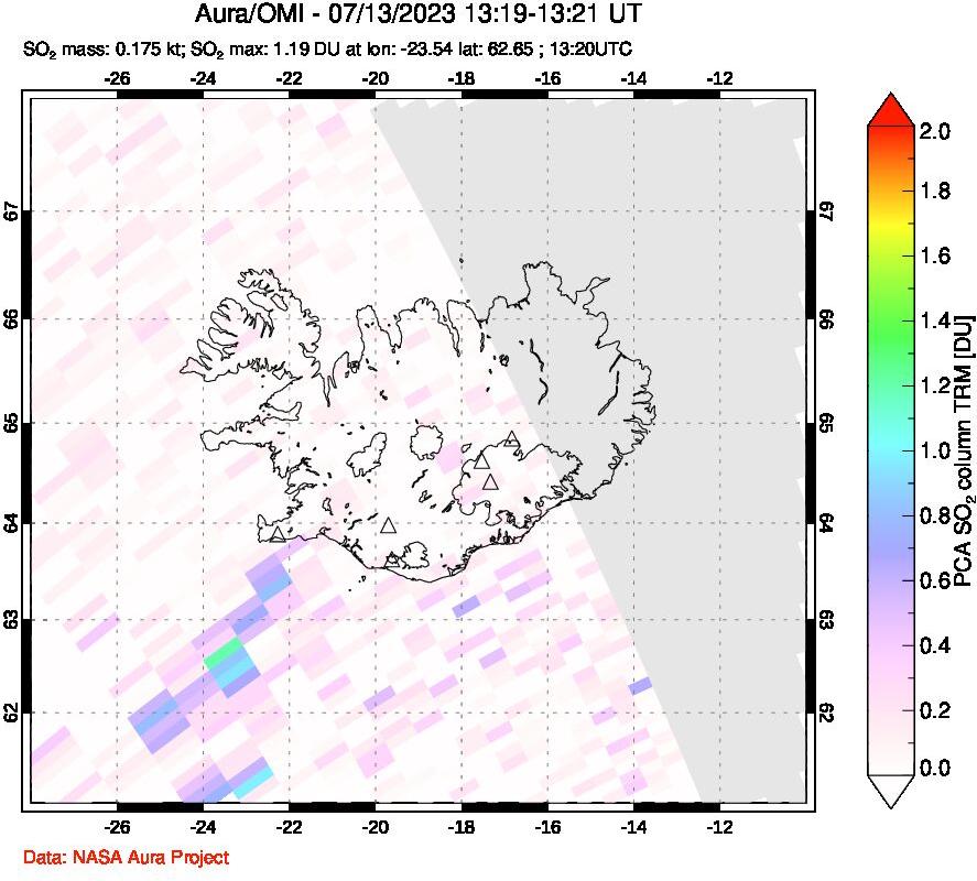 A sulfur dioxide image over Iceland on Jul 13, 2023.