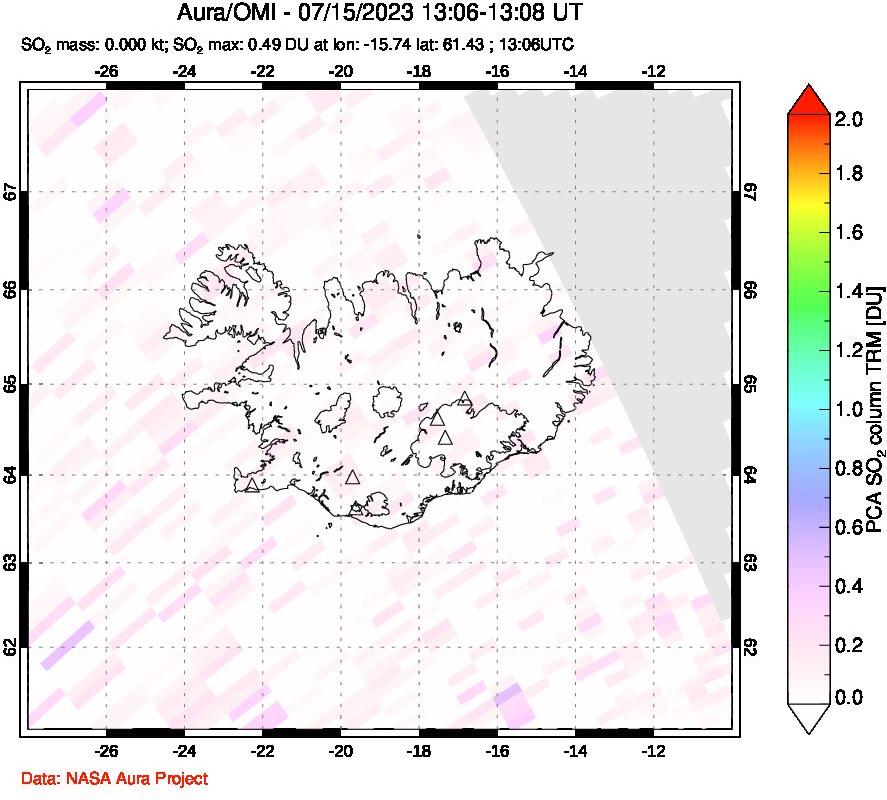 A sulfur dioxide image over Iceland on Jul 15, 2023.