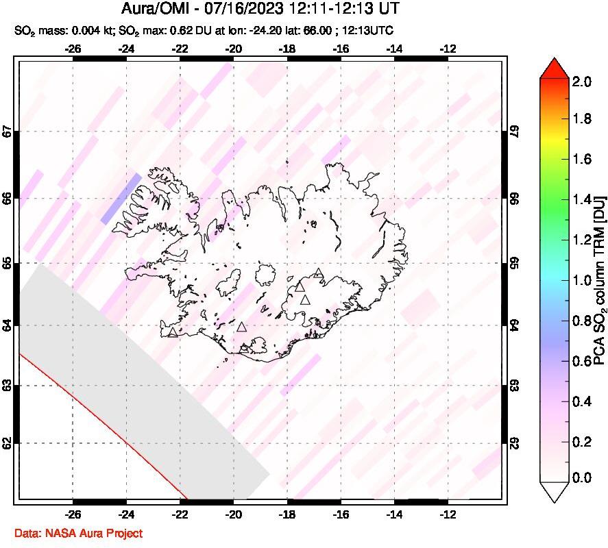 A sulfur dioxide image over Iceland on Jul 16, 2023.