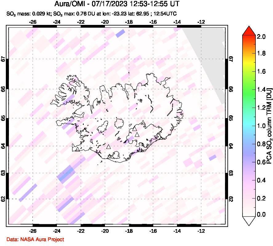 A sulfur dioxide image over Iceland on Jul 17, 2023.