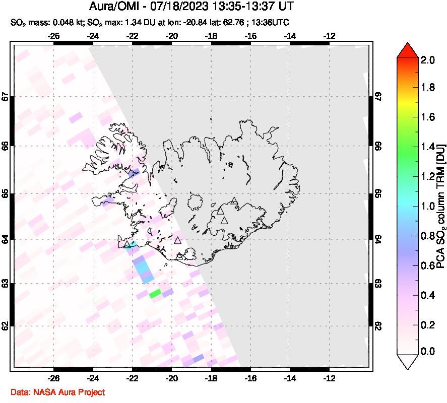 A sulfur dioxide image over Iceland on Jul 18, 2023.