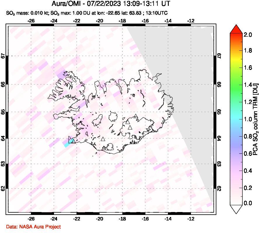 A sulfur dioxide image over Iceland on Jul 22, 2023.