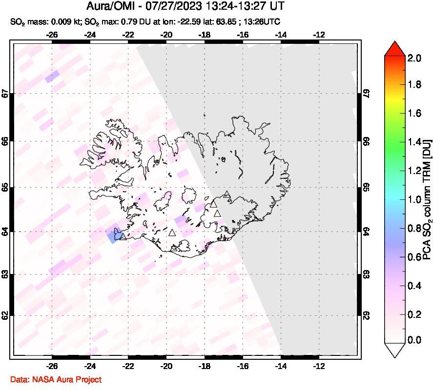 A sulfur dioxide image over Iceland on Jul 27, 2023.