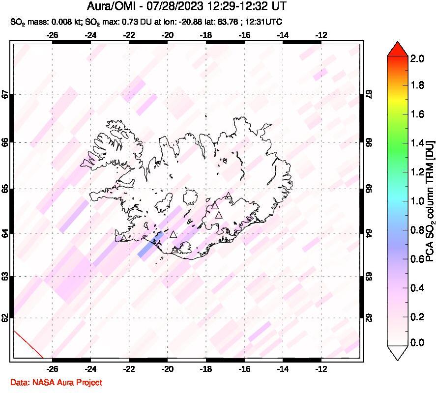 A sulfur dioxide image over Iceland on Jul 28, 2023.