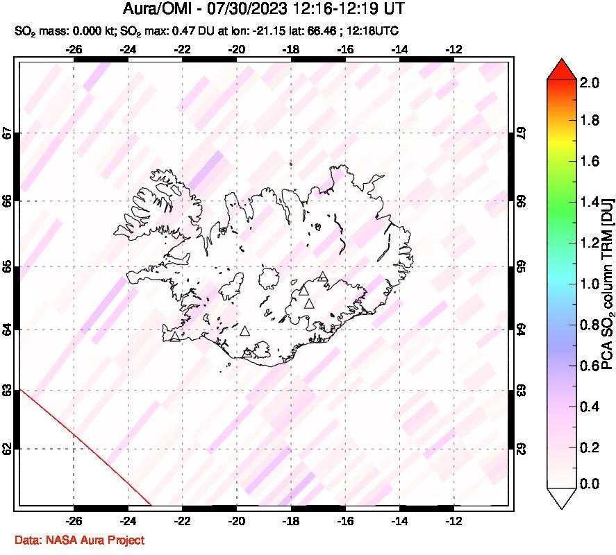 A sulfur dioxide image over Iceland on Jul 30, 2023.