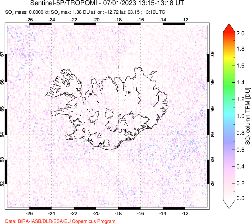 A sulfur dioxide image over Iceland on Jul 01, 2023.
