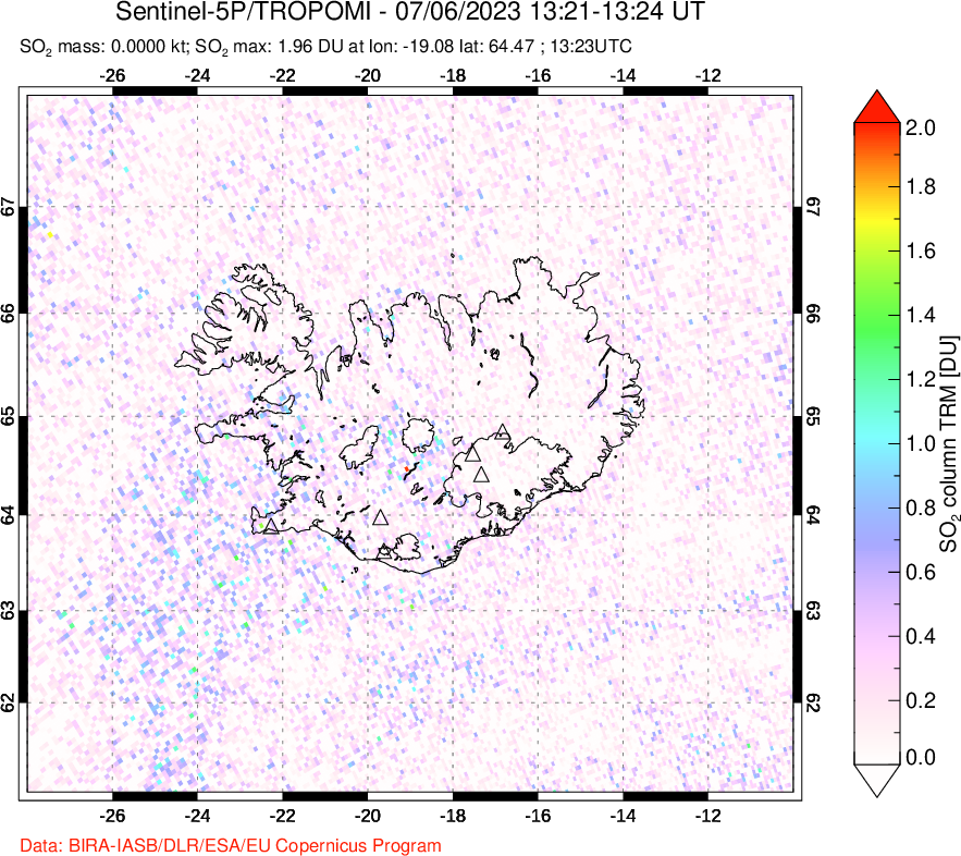 A sulfur dioxide image over Iceland on Jul 06, 2023.