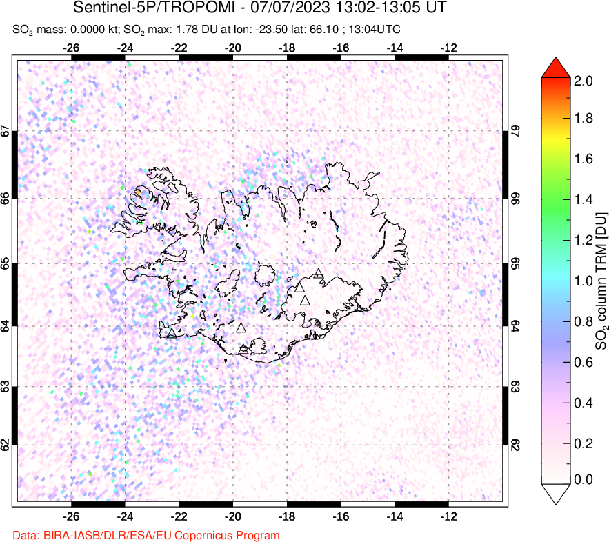 A sulfur dioxide image over Iceland on Jul 07, 2023.