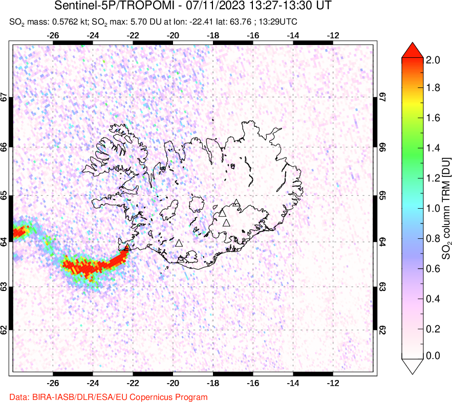 A sulfur dioxide image over Iceland on Jul 11, 2023.