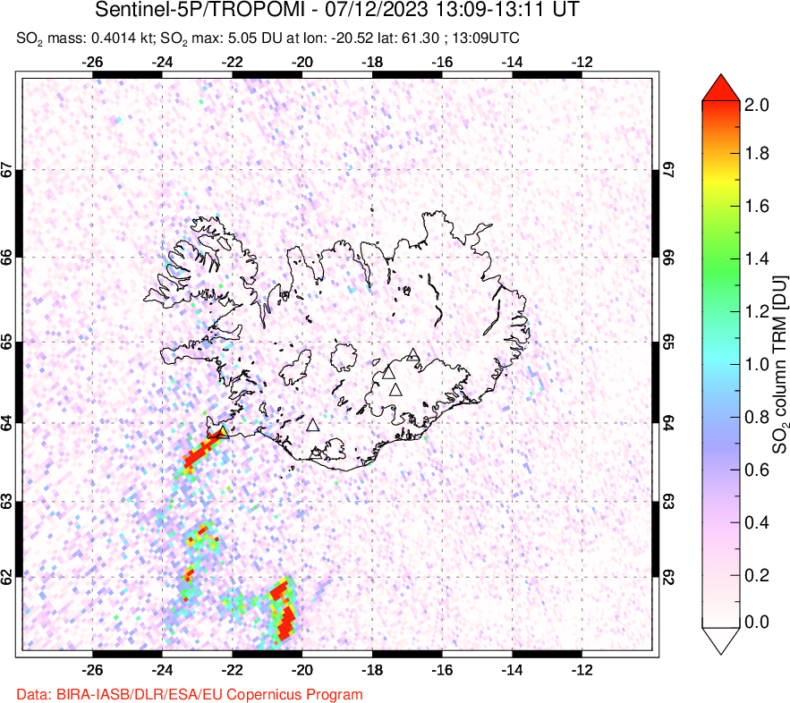 A sulfur dioxide image over Iceland on Jul 12, 2023.