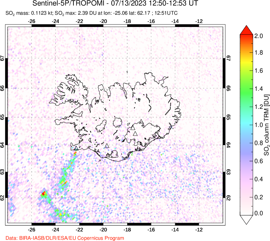 A sulfur dioxide image over Iceland on Jul 13, 2023.