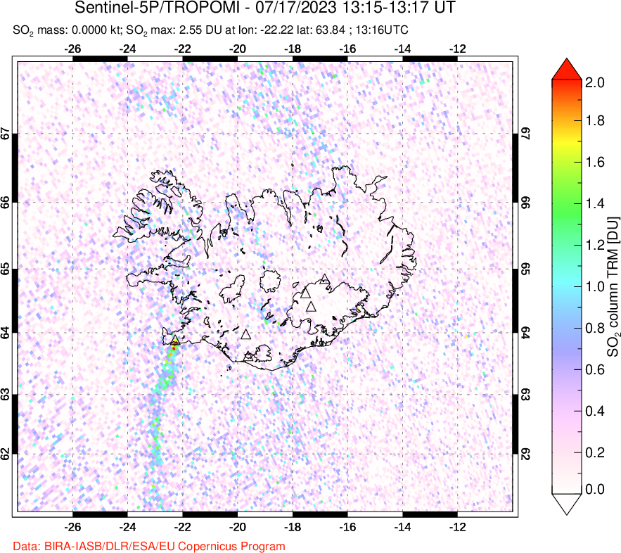 A sulfur dioxide image over Iceland on Jul 17, 2023.