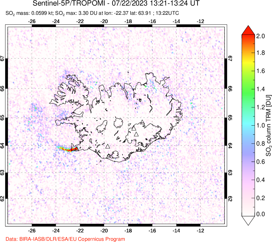 A sulfur dioxide image over Iceland on Jul 22, 2023.