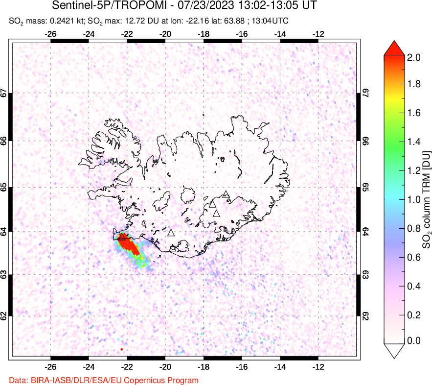 A sulfur dioxide image over Iceland on Jul 23, 2023.